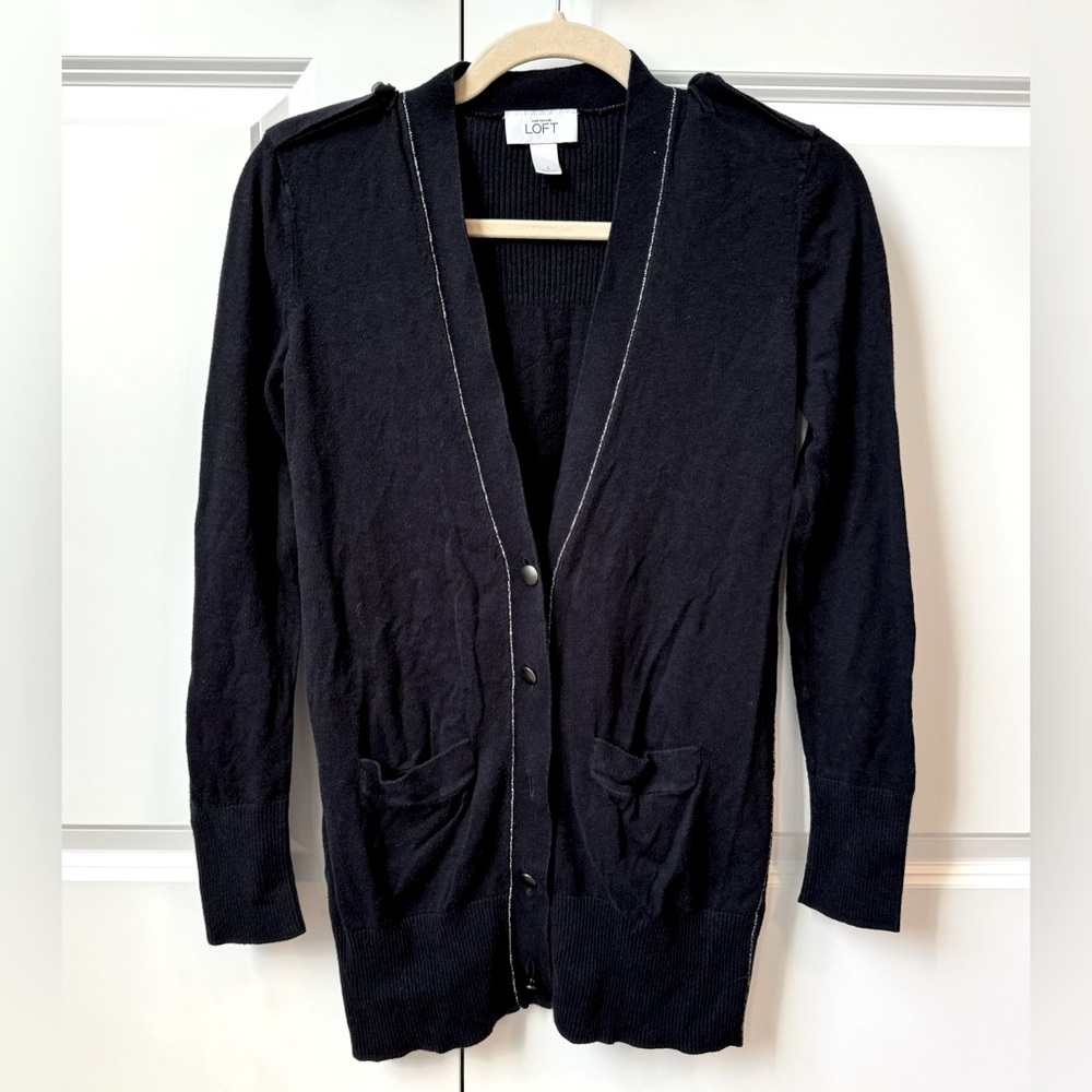 LOFT Navy Cardigan Sweater Long Knit Navy Blue Silver Cotton Rayon Nylon Small